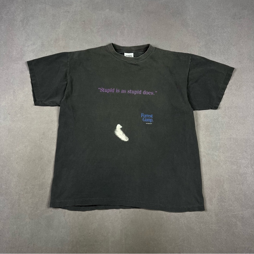 Vintage Forest Gump Black Graphic Tee with Purple Text